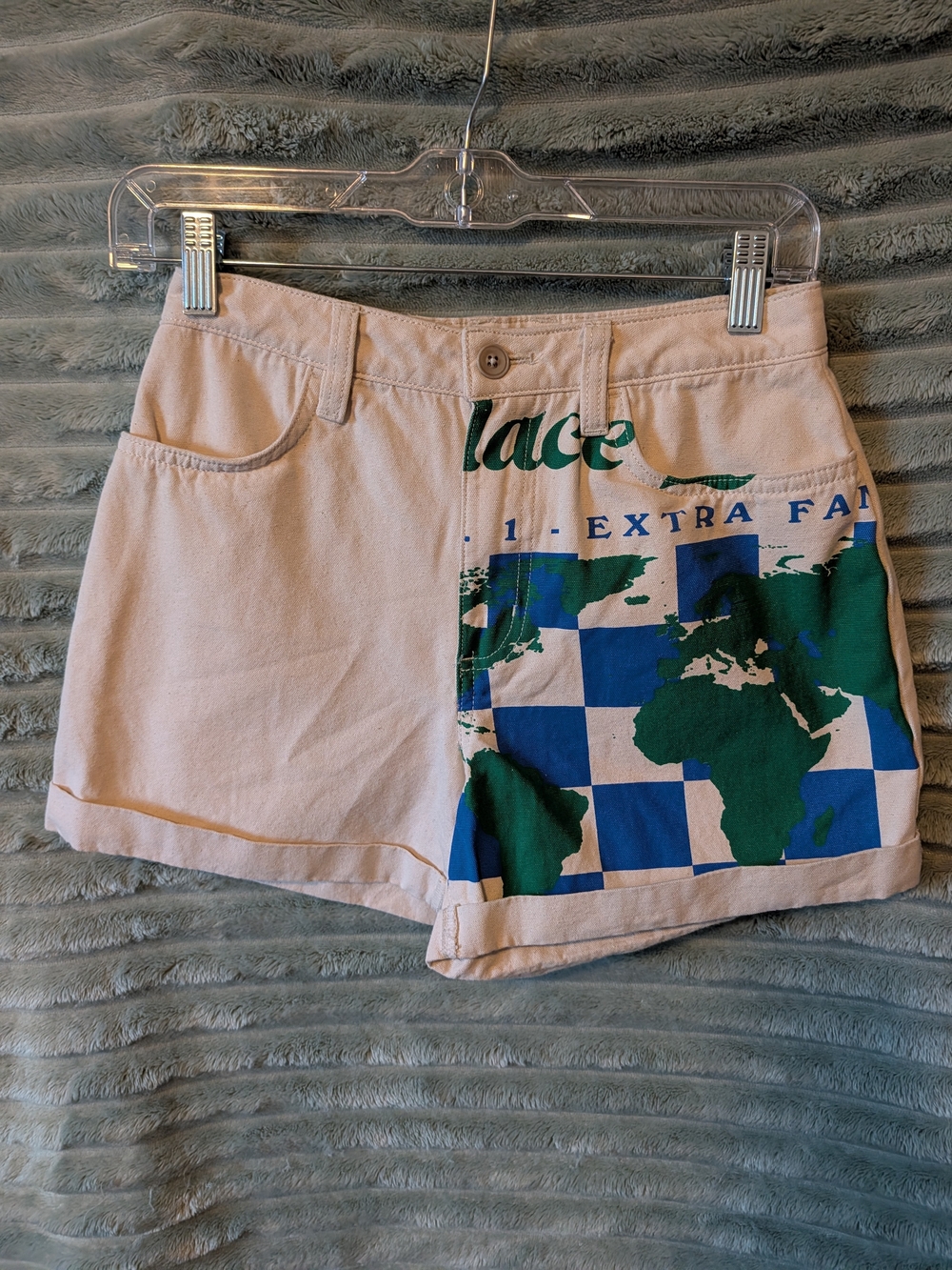Vans Cream Jean Shorts with Green & Blue Map Print